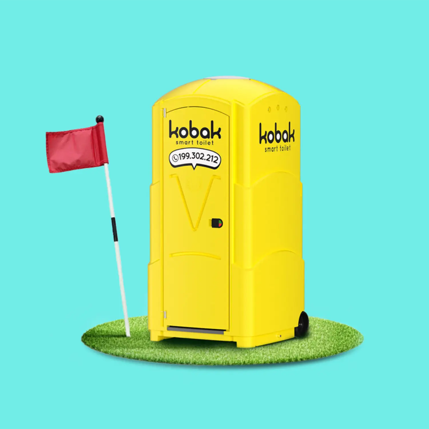 Bagno chimico Kobac singolo di colore giallo, rappresentato artisticamente come se stesse su un campo da golf e lui stesso fosse la buca. Il bagno è noleggiabile presso la Ricicla Italia Srl di Napoli.